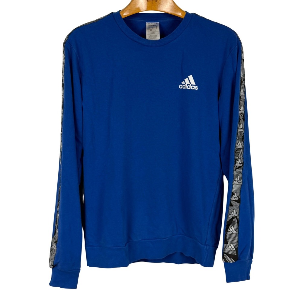 Adidas Mens Small Blue Crewneck Lightweight Sweatshirt Logo Tape Sleeve Pullover